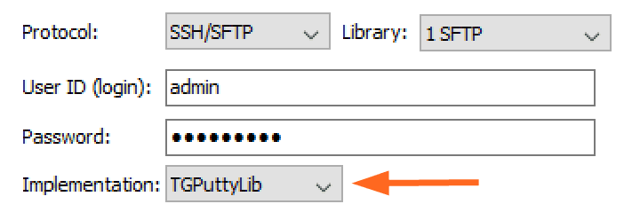 Captura de pantalla de la opción de implementación SFTP en Syncovery, que permite al usuario elegir entre TGPuttyLib y SecureBlackBox