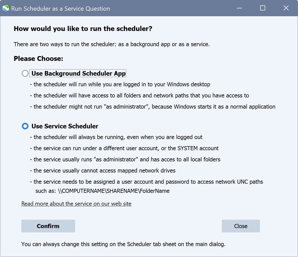 Opciones del servicio Syncovery