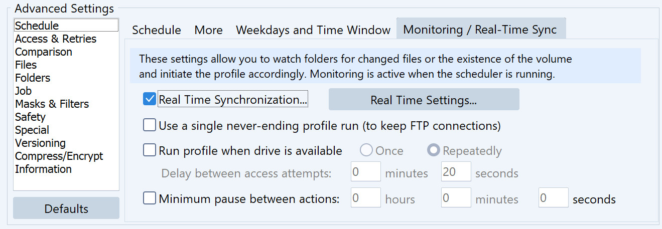 Screenshot showing the real-time sync option in Syncovery