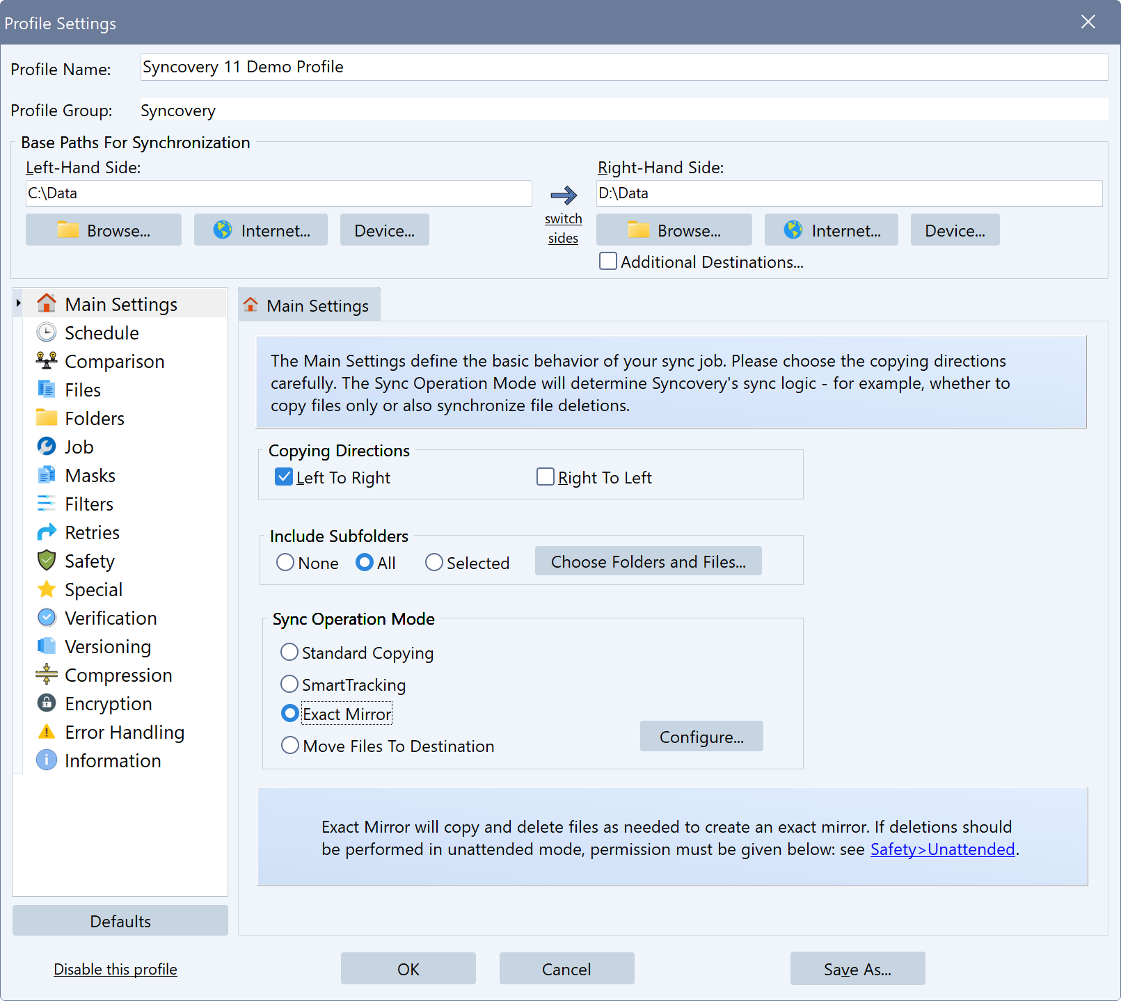 A screenshot of Syncovery 11's new profile editor dialog