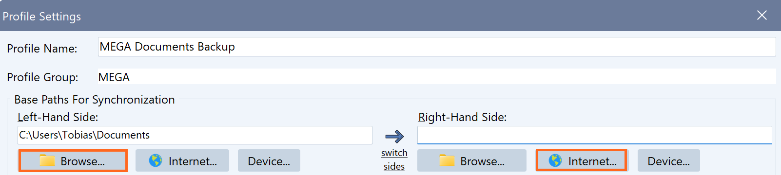 Screenshot of a new Syncovery Profile