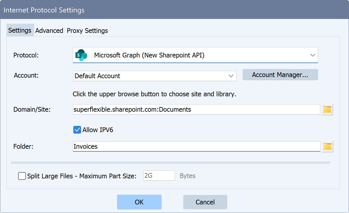 Seleccionando el protocolo Graph para la sincronización de SharePoint